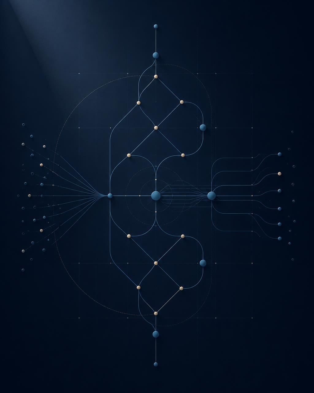 Diagrama abstracto de procesos conectados que representa el orden y la claridad del Método AURA